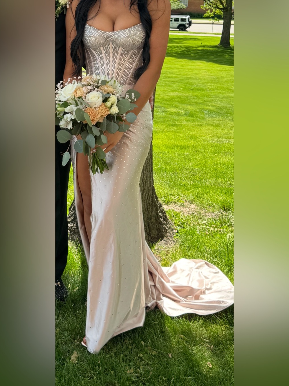 Sherri Hill Beaded Satin Prom Gown in champagne/Silver